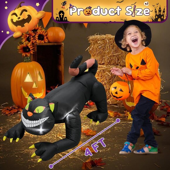 4FT Black Cat Halloween Inflatable Decoration Outdoor Home Yard Holiday Lights - Picture 2 of 8